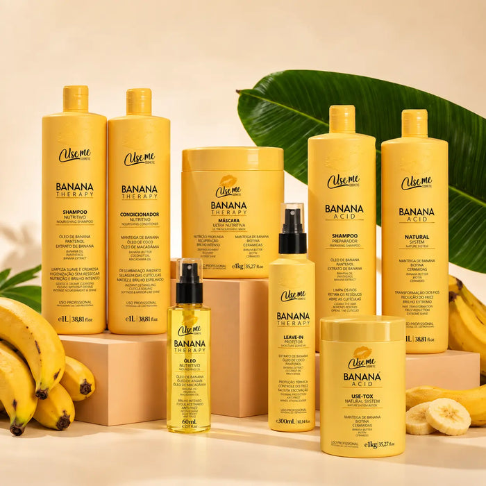 Kit Banana Profissional Completo Use Me Cosmetic — 8 produtos com realinhamento térmico, b-tox, pós tratamento e finalizadores para salões