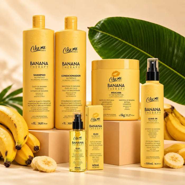Kit Pós Tratamento Profissional Completo Banana Therapy Use Me Cosmetic — shampoo, máscara, condicionador, leave-in e óleo finalizador