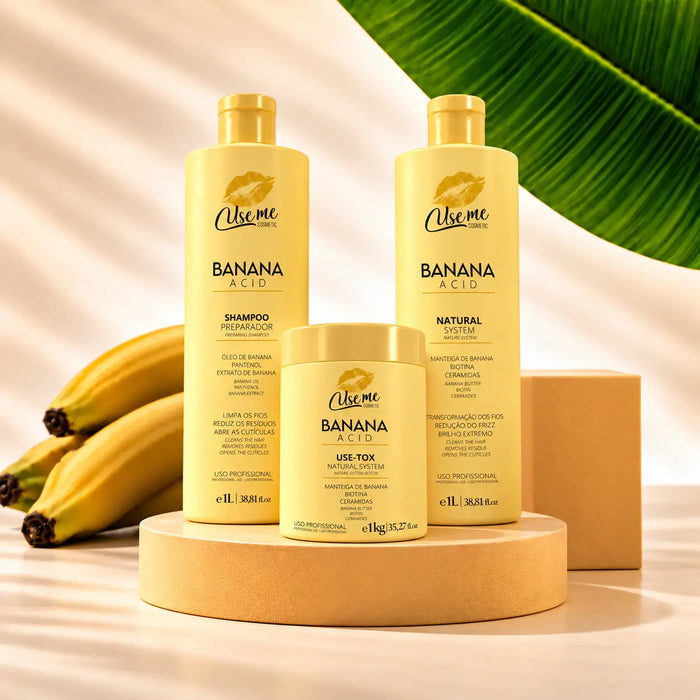 Kit Realinhamento Completo Banana Acid Natural Luxe Use Me Cosmetic — shampoo preparador, realinhamento térmico e b-tox profissional